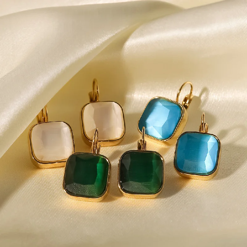 Studded Drop Earrings with Gemstones -18k Gold Plated Square Color Opal Drop Earrings