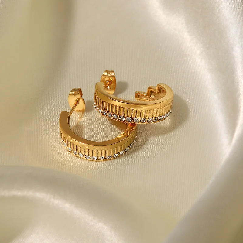 Drop Earrings for Formal Attire -18K Gold Plated White Diamond Open Stripe Earrings