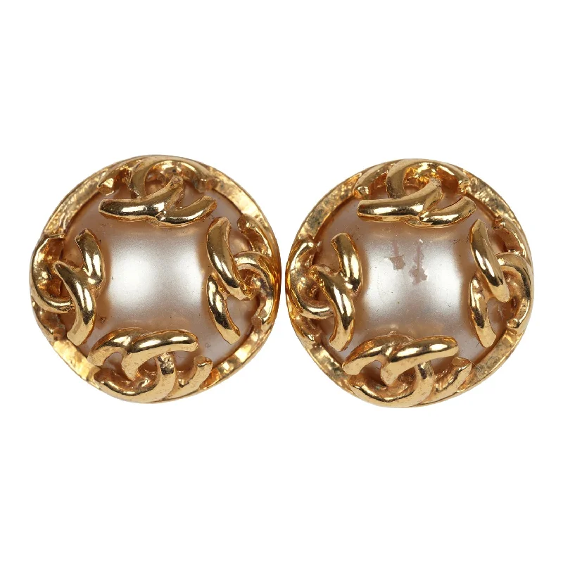 Drop Earrings with Star Motifs -Vintage Chanel 24K Gold Plated CC Round Pearl Earrings Gold Hardware