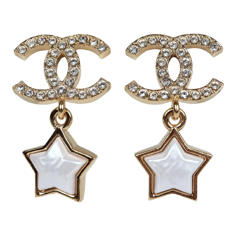 Studded Drop Earrings with Gemstones -Chanel Crystal and Pearl CC Star Dangle Earrings Gold Hardware