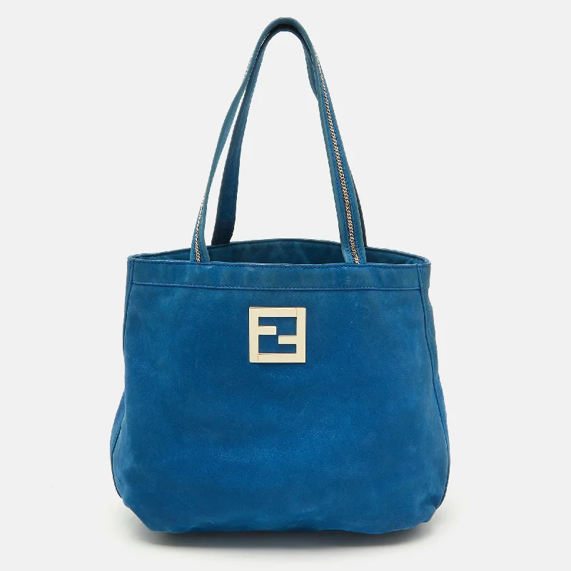 Handle bags with metallic finishes for shine -Fendi Metallic Blue Nubuck Leather Ff Tote