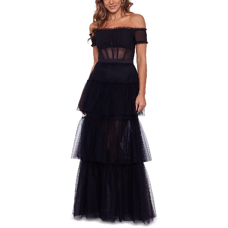 Spandex Dresses for Flexible -Betsy & Adam Womens Off-The-Shoulder Tiered Evening Dress