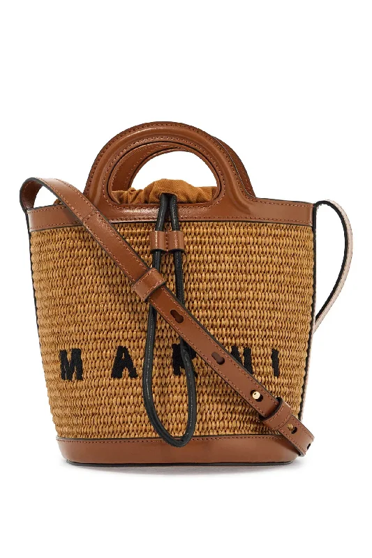 Handle bags with expandable sides for flexibility -Marni Light Brown Woven Fabric And Leather Bag With Circular Handles