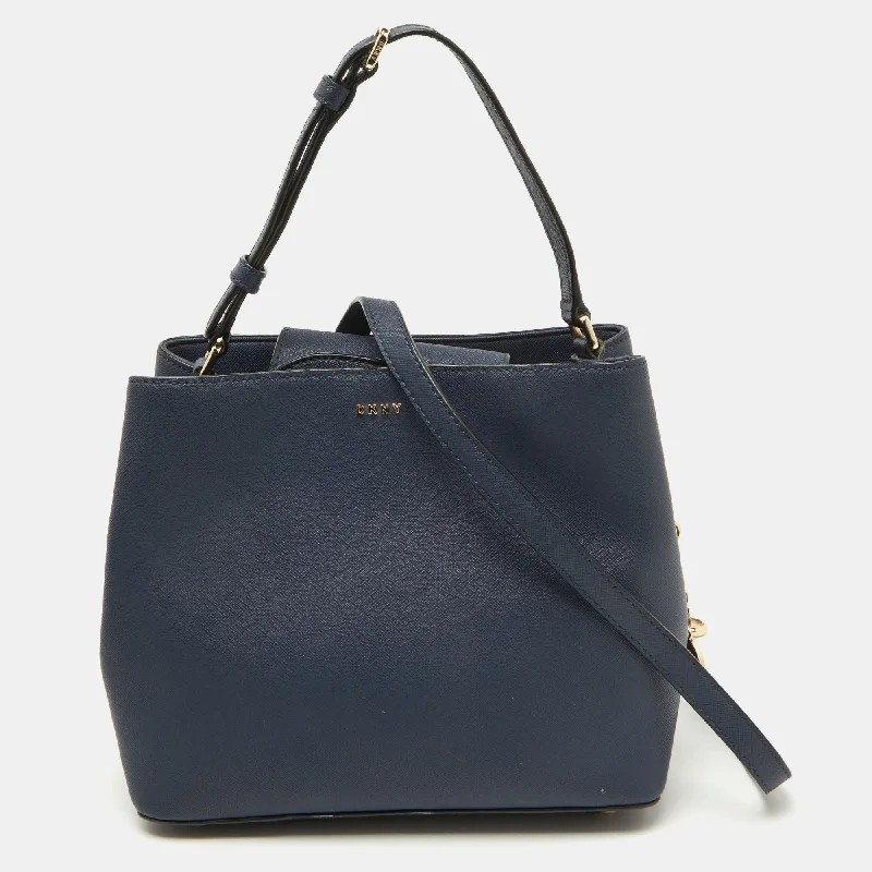 Large handle bags with spacious interior compartments -Dkny Navy Blue Saffiano Leather Bryant Park Bucket Bag