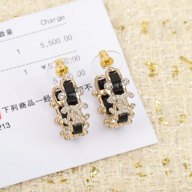 Maximalist Drop Earrings for Bling -Fashionable and versatile black enamel pierced leather crystal earrings EHA120