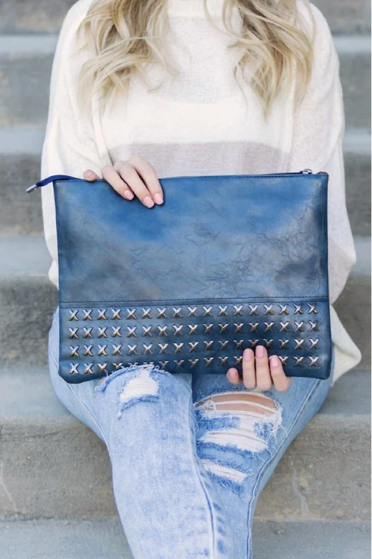 Handle bags with minimalist sleek silhouettes -Cross Studded Faux Leather Clutch In Midnight Blue