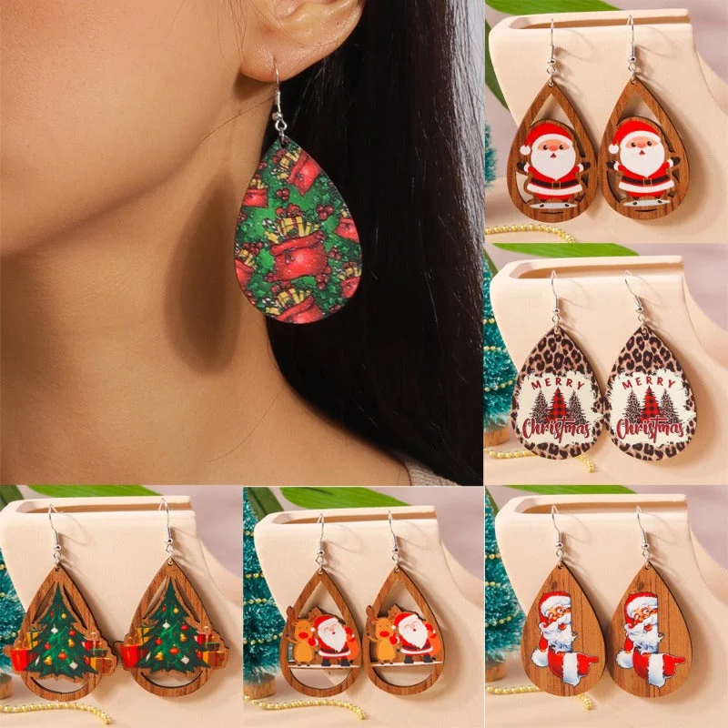 Drop Earrings for Travel Look -Wholesale Christmas Cartoon Santa Claus Drop Shape Wooden Earrings