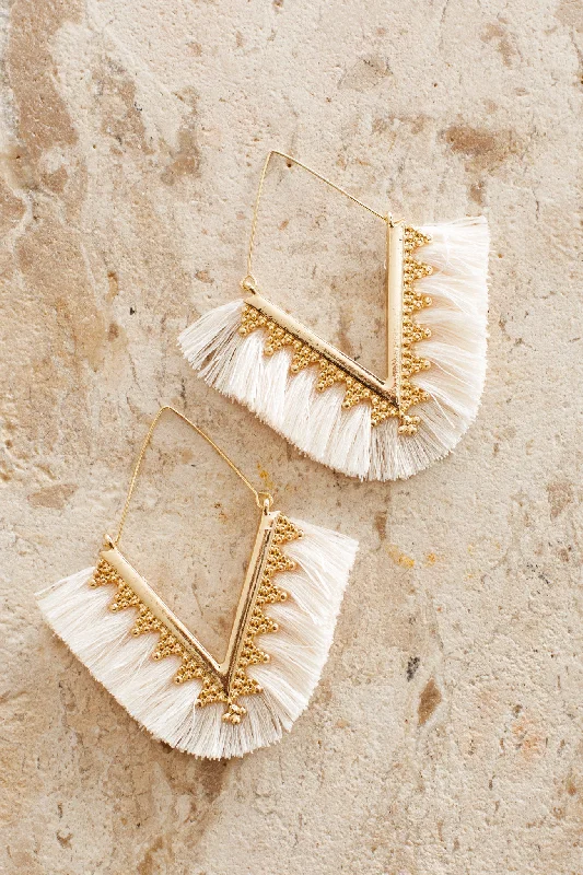 Drop Earrings for Graduation Day -Sheba Gold Fringe Earrings White