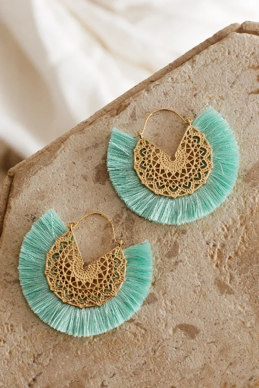 Drop Earrings for Shopping Trip -Bali Gold Filigree Fringing Earrings Sage