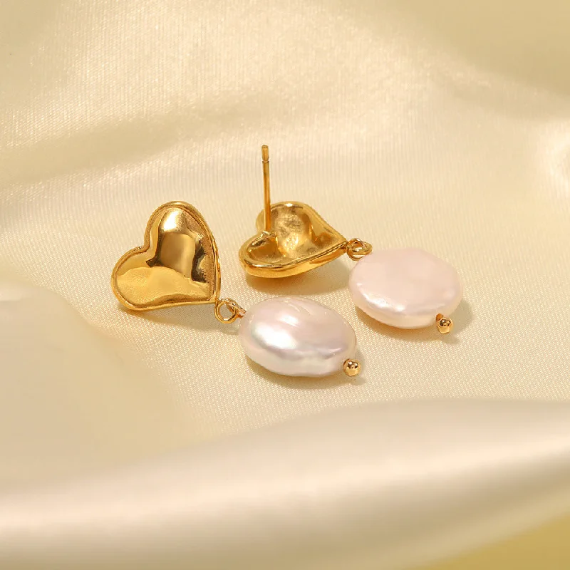 Drop Earrings with Debossed Designs -18K Gold Light Luxury Retro Style Heart with Baroque Pearl Design Pendant Earrings