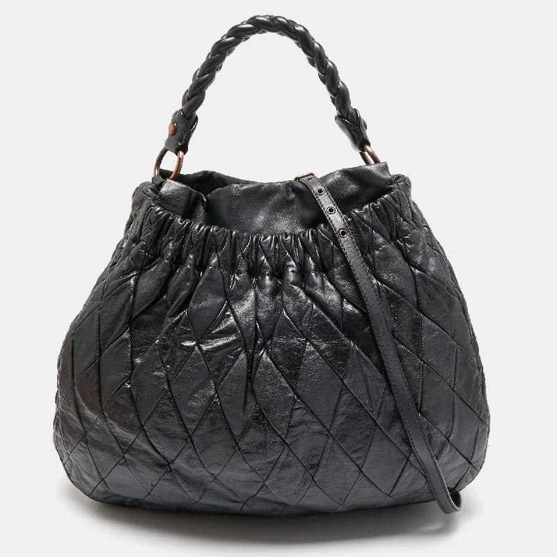 Vegan leather handle bags for eco-friendly chic -Miu Miu Black Leather Patchwork Harlequin Hobo