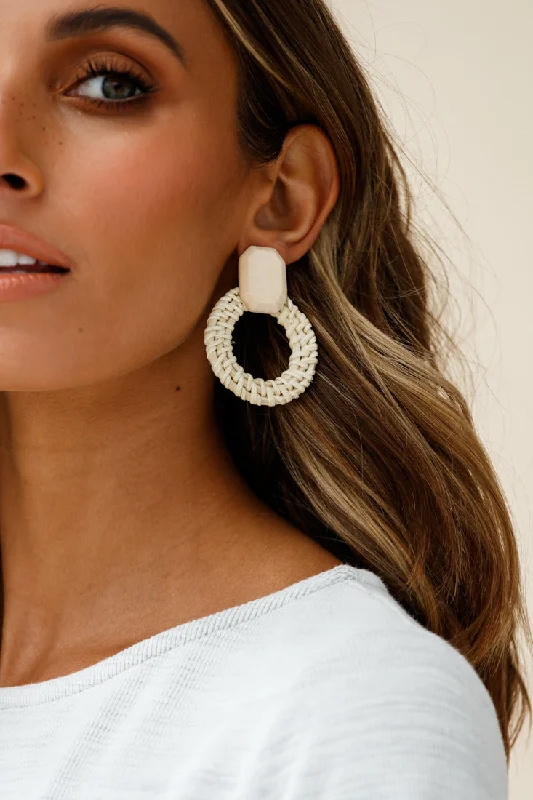 Drop Earrings with Filigree Work -Sirocco Woven Straw Circle Earrings White