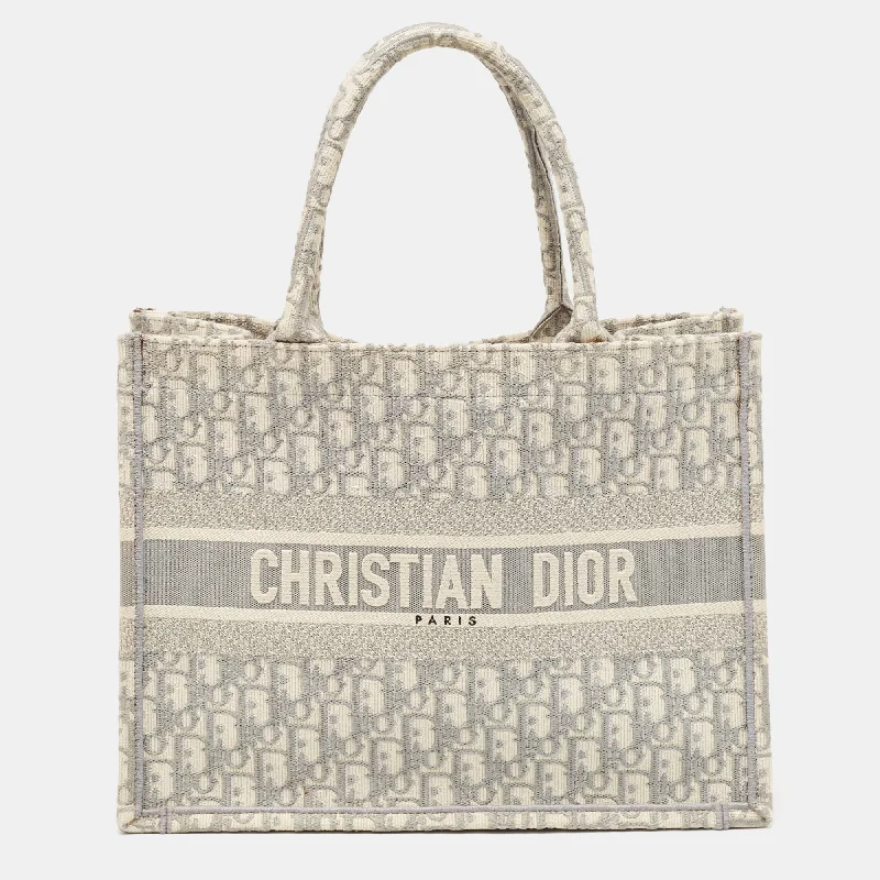 Handle bags with lightweight fabric for ease -Dior Grey Oblique Embroidered Canvas Medium Book Tote