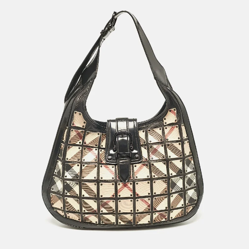 Burberry Black/beige Nova Check Canvas And Leather Studded Brooke Warrior Hobo