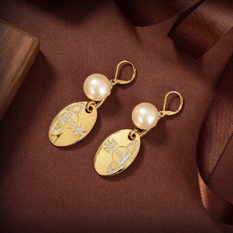 Ethnic Drop Earrings with Tribal Design -Empress Dowager Viviance Saturn Oval Mixed Pearl Gold Earrings EHA134