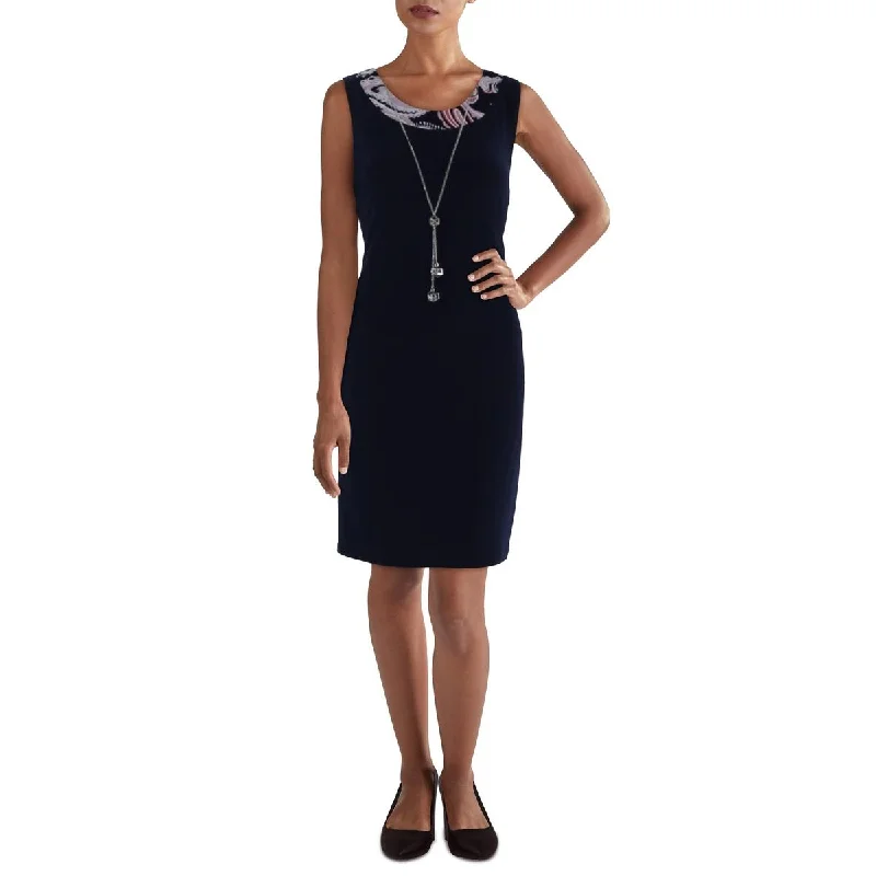 Studded Dresses for Statement -R&M Richards Womens Petites Above Knee Printed Neckline Shift Dress