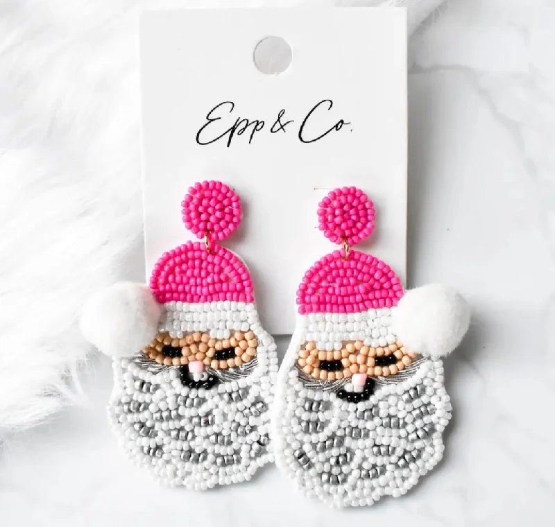 Drop Earrings for Anniversary -Hot Pink Santa Hat Beaded Earrings