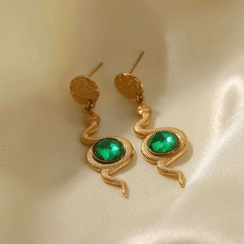 Rhinestone Drop Earrings for Sparkle -18k Gold Plated Green Zircon Hammered Serpentine Drop Earrings