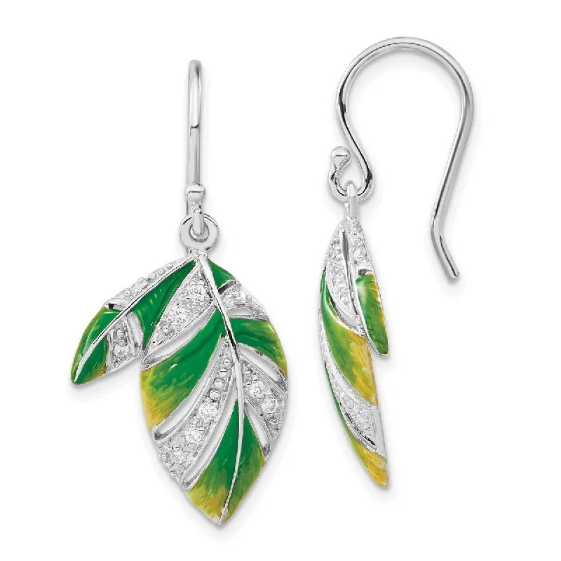 Drop Earrings with Polished Shine -Curata 925 Sterling Silver Green and Yellow Enamel Leaf and CZ Cubic Zirconia Earrings Jewelry Gifts for Women