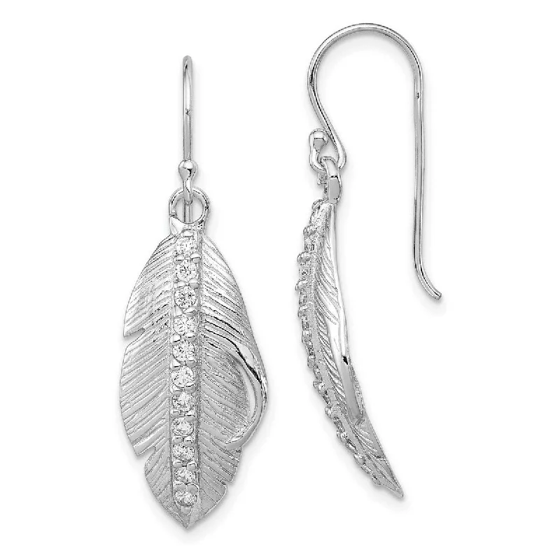 Adjustable Drop Earrings for Custom Fit -Curata 925 Sterling Silver Polished CZ Cubic Zirconia Textured Feather Shepherd Hook Earrings - 45x13mm