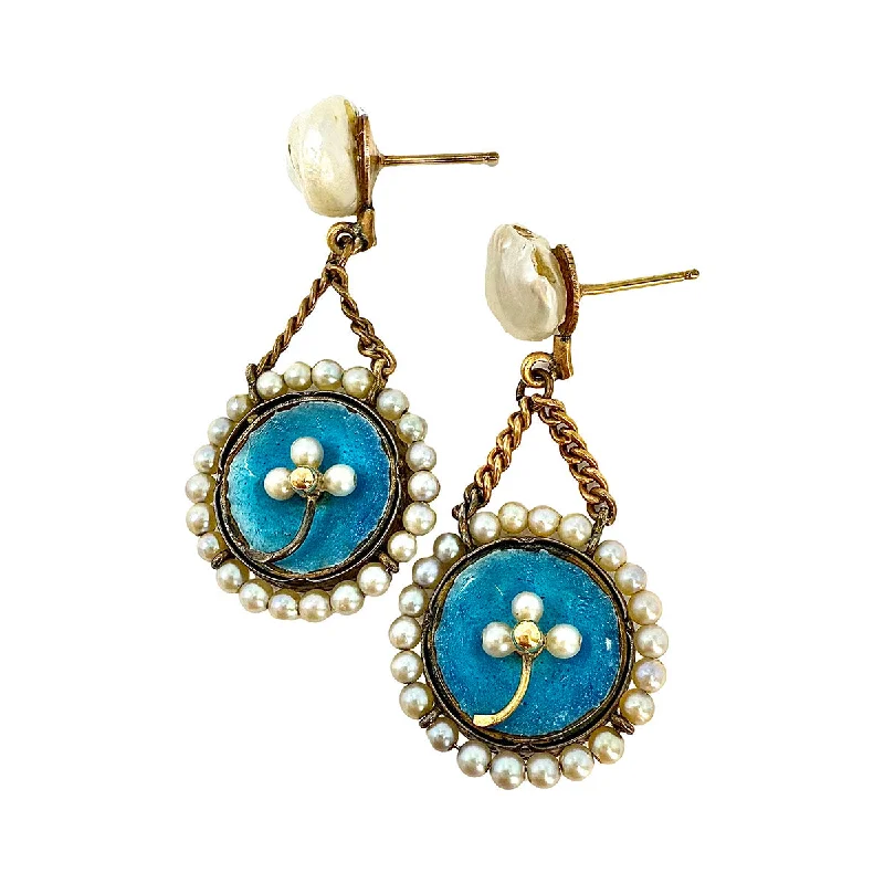 Drop Earrings for Anniversary -14K Gold Blue Enamel Drop Earrings with Pearls