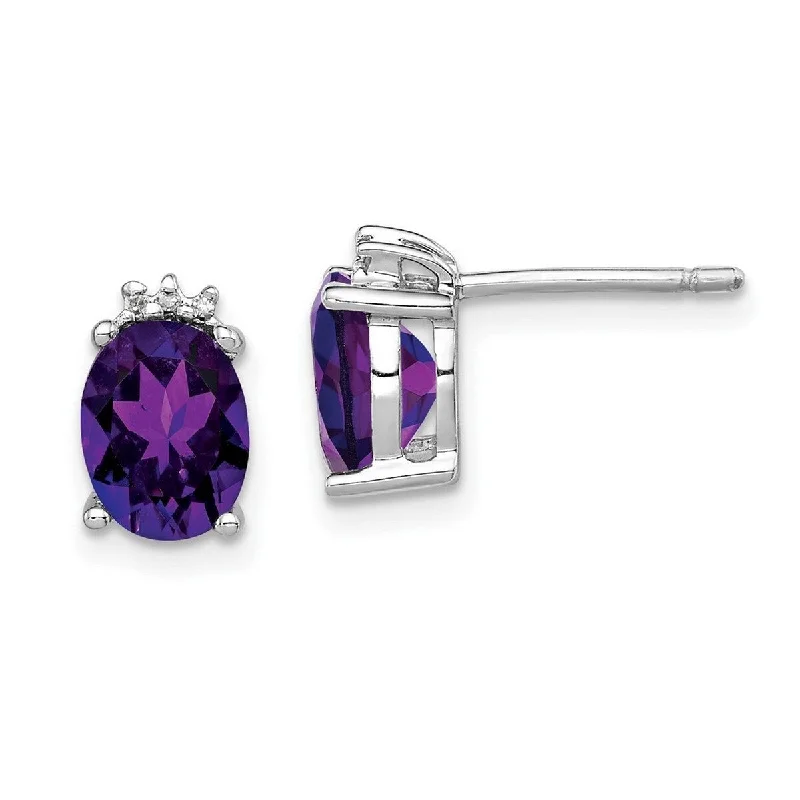 Drop Earrings with Abstract Designs -Curata 925 Sterling Silver Polished Open back Rhodium Oval Amethyst and Diamond Post Earrings - 10x6mm Wide