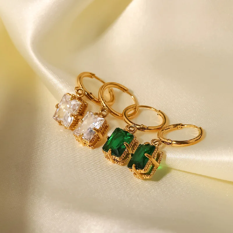 Drop Earrings with Crown Designs -18k Gold Plated Green/White Zircon Fashion Earrings