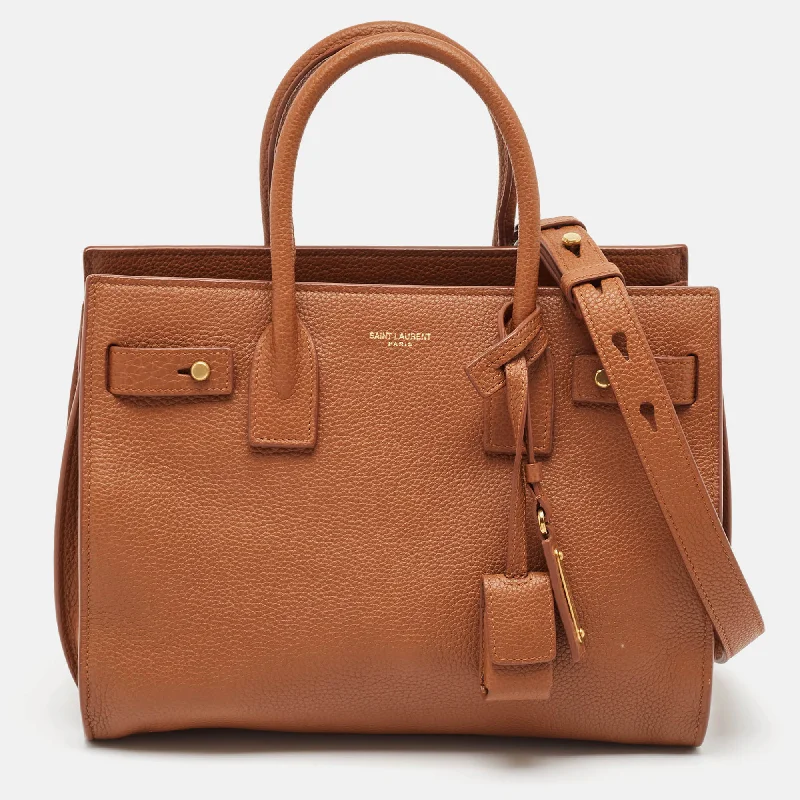 Handle bags with bright neons for visibility -Saint Laurent Brown Leather Baby Classic Sac De Jour Tote