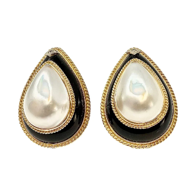 Large Drop Earrings for Statement -14K Gold Teardrop Shaped Earrings with Onyx, Mabe Pearl and Diamond