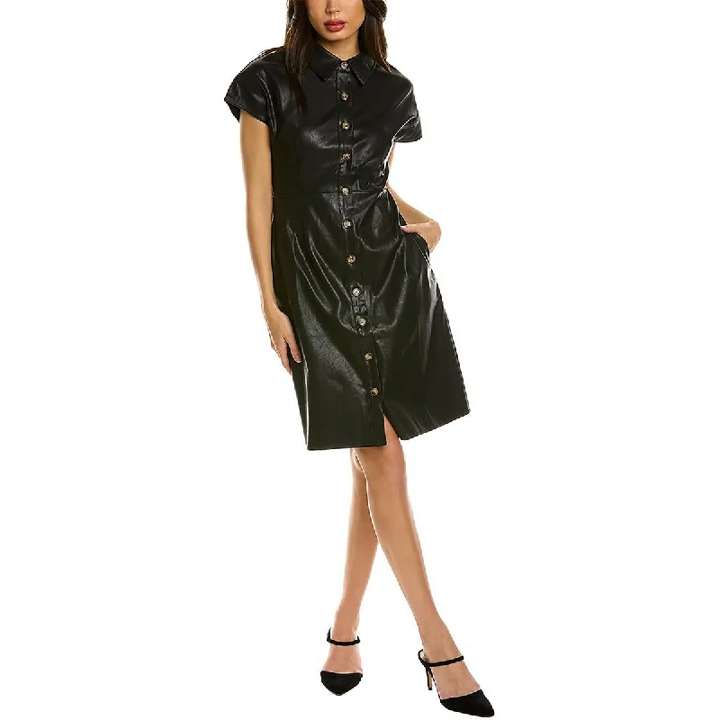 Retro Dresses for Throwback -Gracia Womens Plus Faux Leather Collared Shirtdress