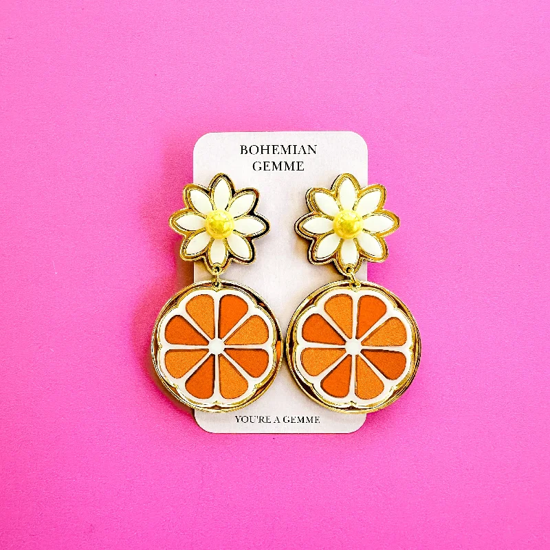 Drop Earrings with Vine Designs -Orange Slice Daisy Earrings