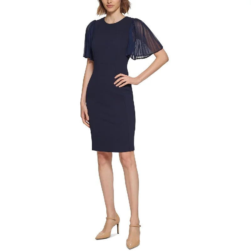 Pencil Dresses for Slimming -Calvin Klein Womens Pleated Sleeves Round Neck Sheath Dress