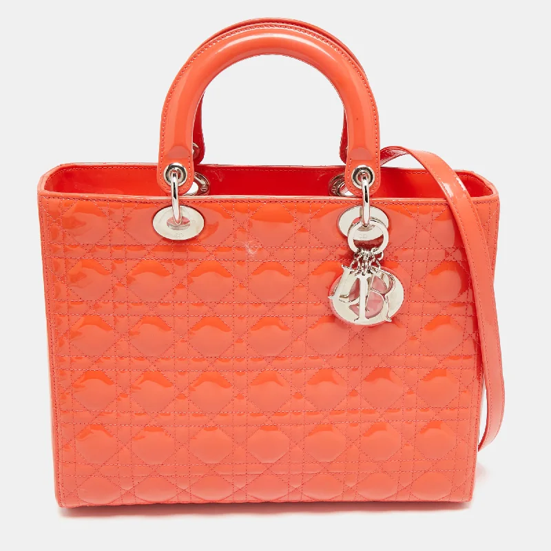 Handle bags with suede accents for texture -Dior Orange Cannage Patent Leather Large Lady Dior Tote