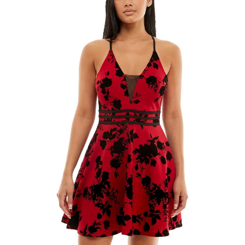 Christmas Dresses for Holiday -Speechless Womens Juniors Illusion Neckline Mini Fit & Flare Dress