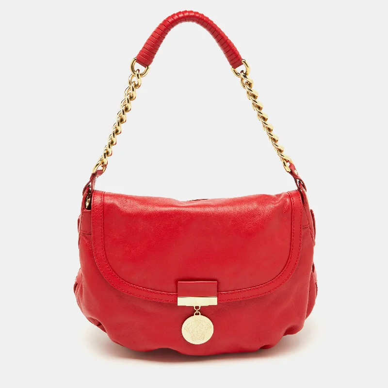 Handle bags with spacious pockets for travel -Versace Red Leather Medusa Lock Flap Shoulder Bag