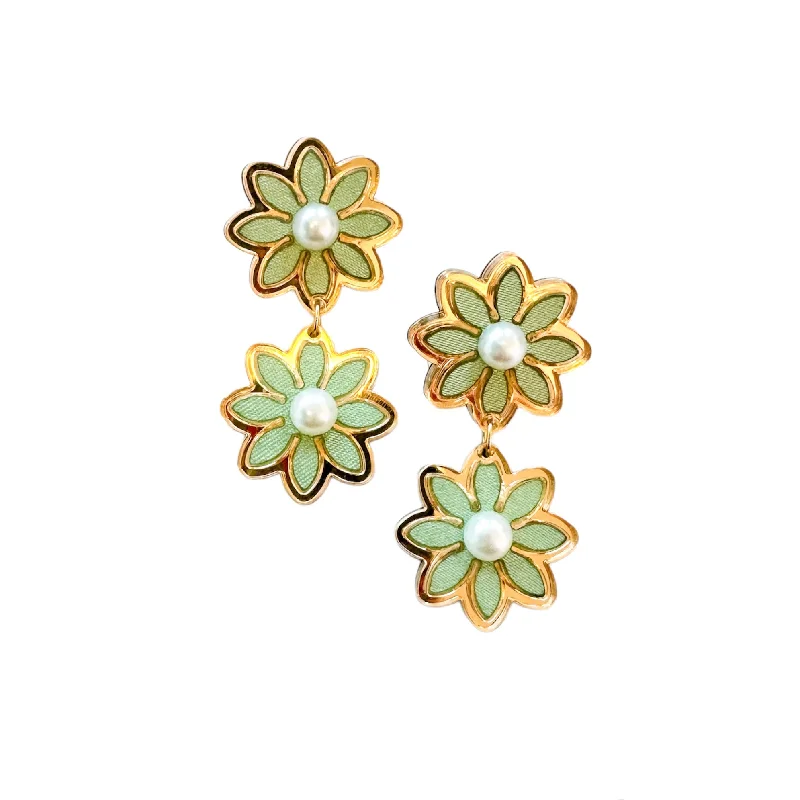 Screw Back Drop Earrings for Security -Pastel Green Double Daisy Earrings