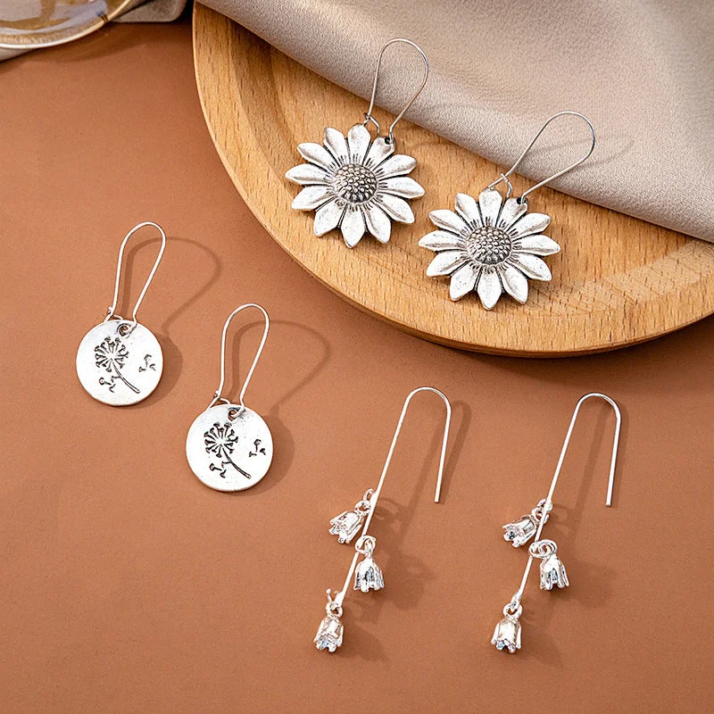 Bohemian Drop Earrings with Tassels -Wholesale Vintage Three-dimensional Flower Bohemian Chrysanthemum Dandelion  Alloy Earrings