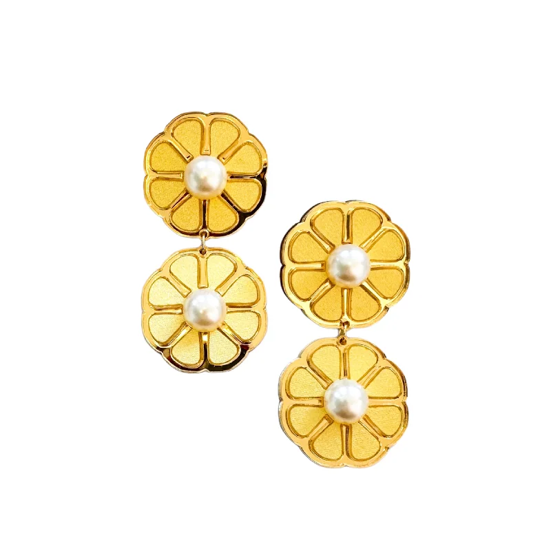 Drop Earrings with Debossed Designs -Pastel Yellow Flower Statement Earrings