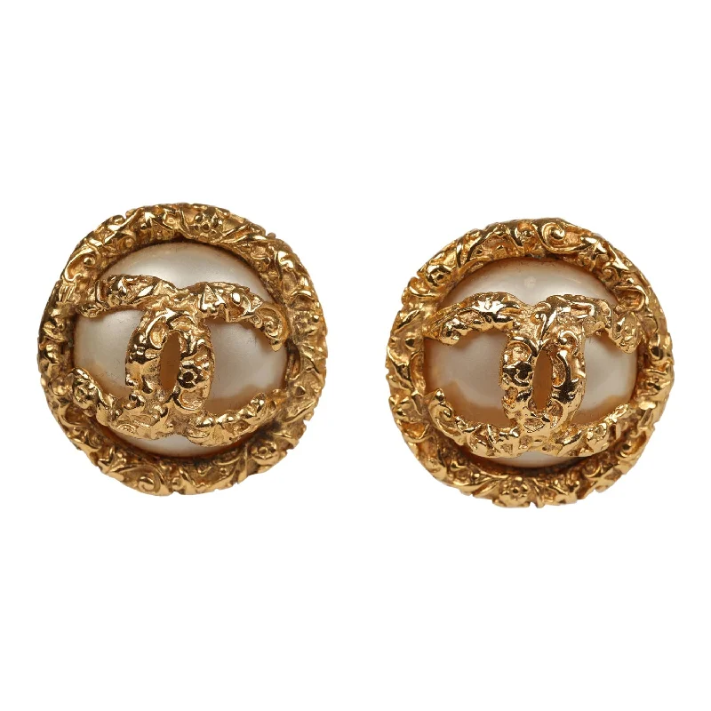 Short Drop Earrings for Subtle -Vintage Chanel 24K Gold Plated Lava CC and Faux Pearl Earrings