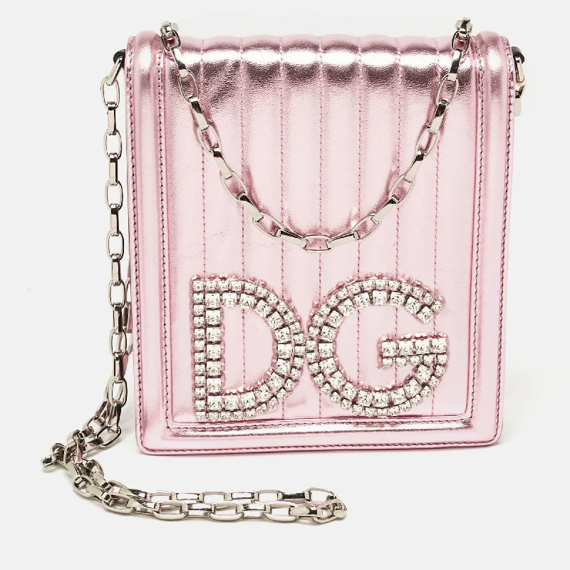 Handle bags with modern logos for branding -Dolce & Gabbana Metallic Pink Quilted Leather Dg Girls Crystals Shoulder Bag