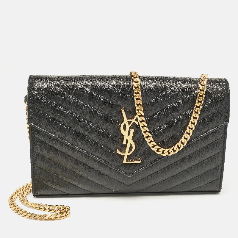 Handle bags with sturdy leather grip accents -Saint Laurent Black Matelassé Leather Cassandre Envelope Chain Clutch