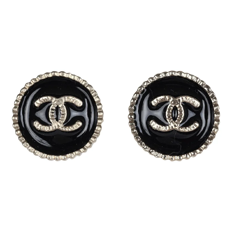 Gemstone Drop Earrings for Color -Chanel Small Round CC Button Earrings Black Enamel Light Gold Tone Metal