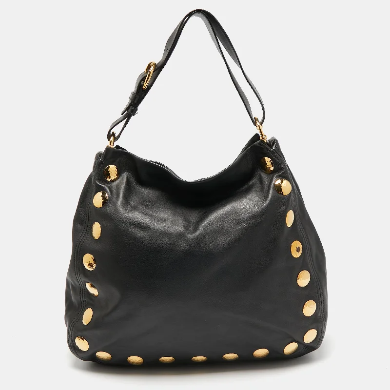 Handle bags with zipper tops for security -Miu Miu Black Leather Studded Hobo