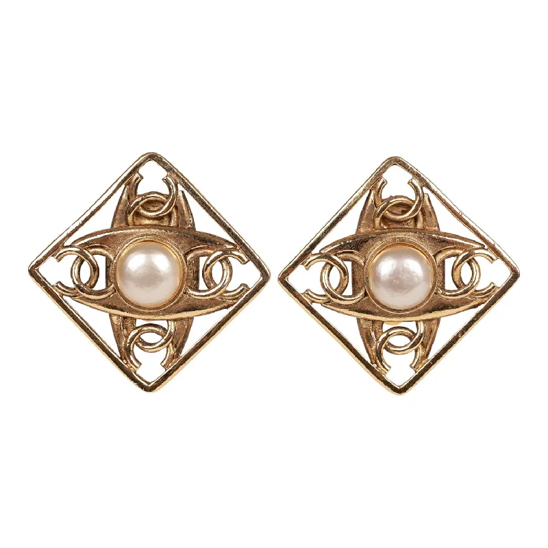 Drop Earrings for Evening Gown -Vintage Chanel 24K Gold Plated CC Square Pearl Earrings