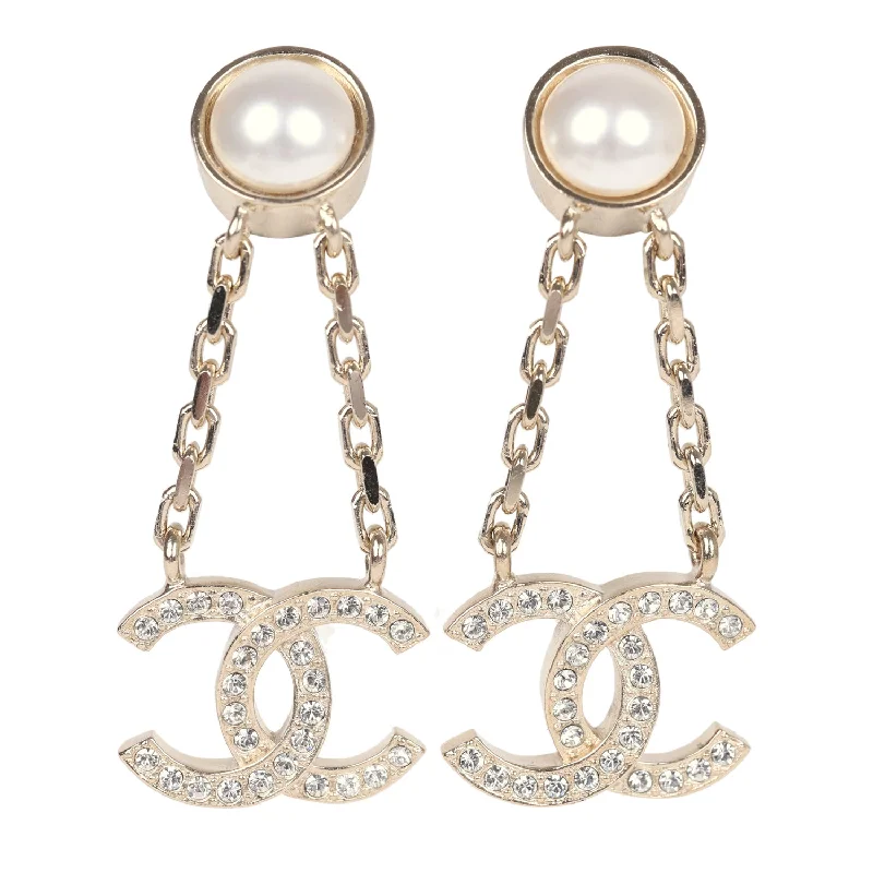 Pearl Drop Earrings for Elegance -Chanel CC Drop Earrings Pearl & Crystals Light Gold Tone Metal