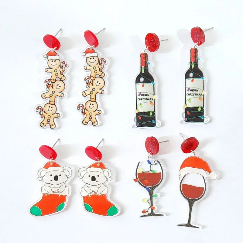 Drop Earrings with Star Motifs -Wholesale Christmas Socks Sloth Gingerbread Man Wine Glass Acrylic Earrings