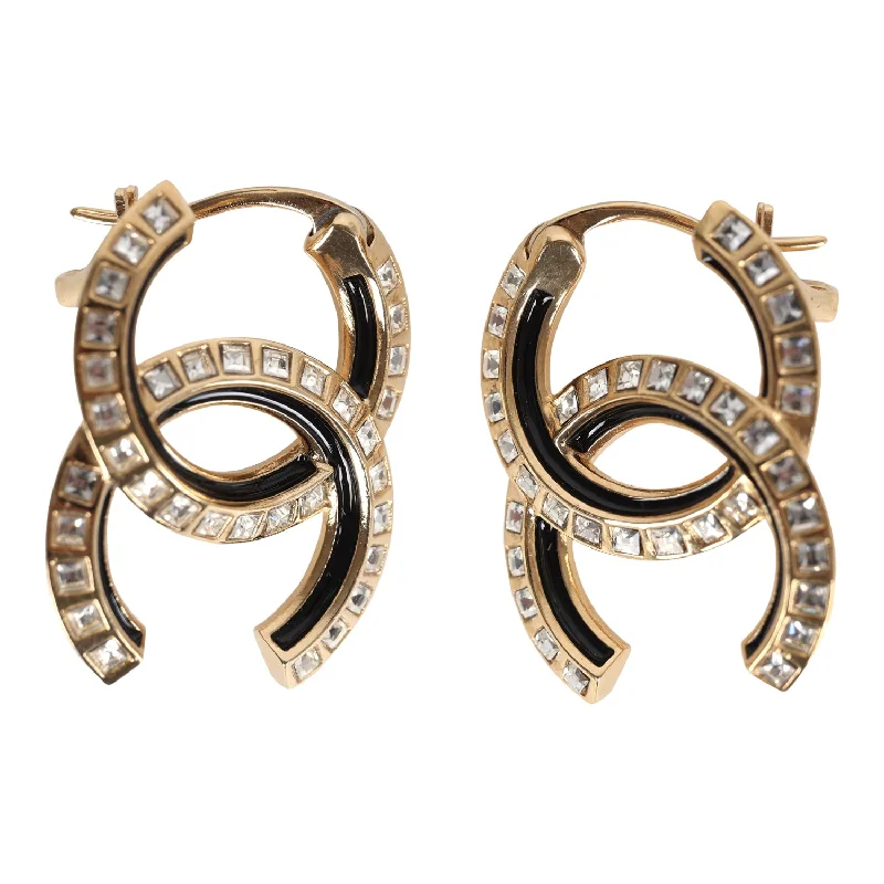 Drop Earrings with Embossed Patterns -Chanel Crystal CC Earrings Black Enamel & Gold Hardware