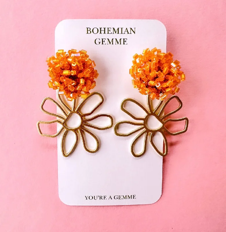 Contemporary Drop Earrings for Fashion -Orange Beaded Cluster Flower Earrings