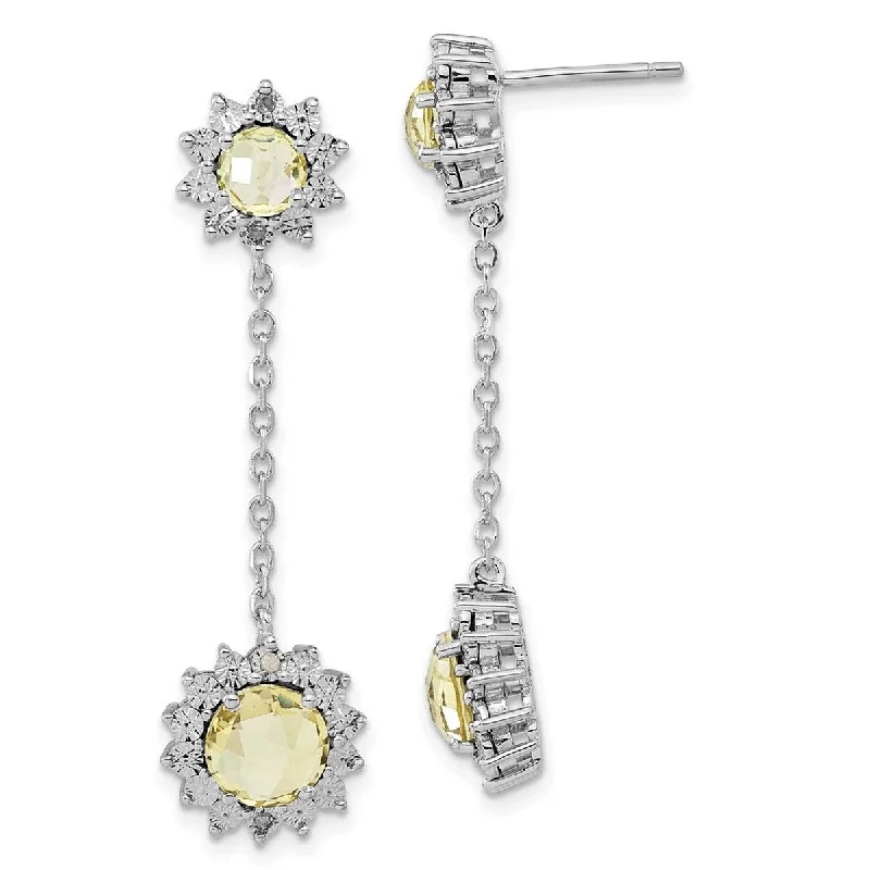 Drop Earrings for Bridesmaids Look -Curata 925 Sterling Silver Polished Post Earrings Diamond and Lemon Quartz Earrings - 44x12mm Wide