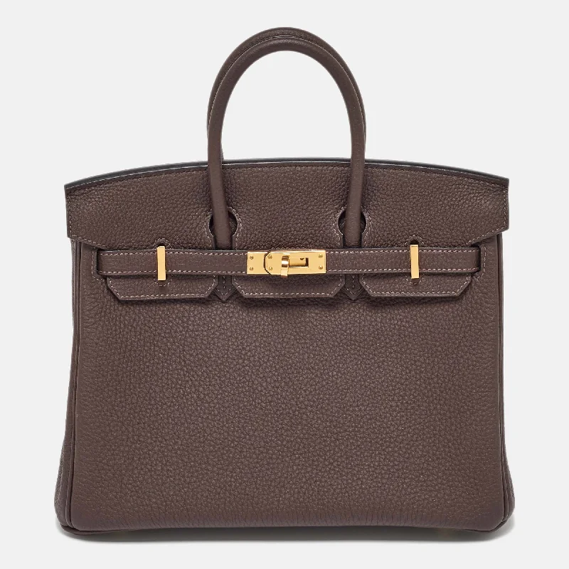 Handle bags with soft leather for luxury -Hermes Chocolat Togo Leather Gold Finish Birkin 25 Bag